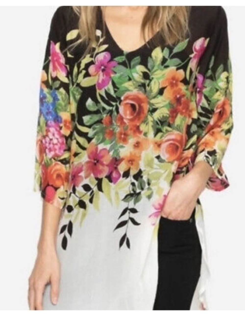 Johnny Was Betty Black Floral V-Neck Tunic Top sz small flowy lightweight vacay